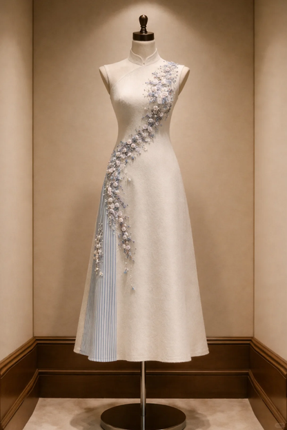 ✨Girlhomeshops-Cream Sleeveless Modified Qipao with Diagonal 3D Floral & Bead Accents gh10514