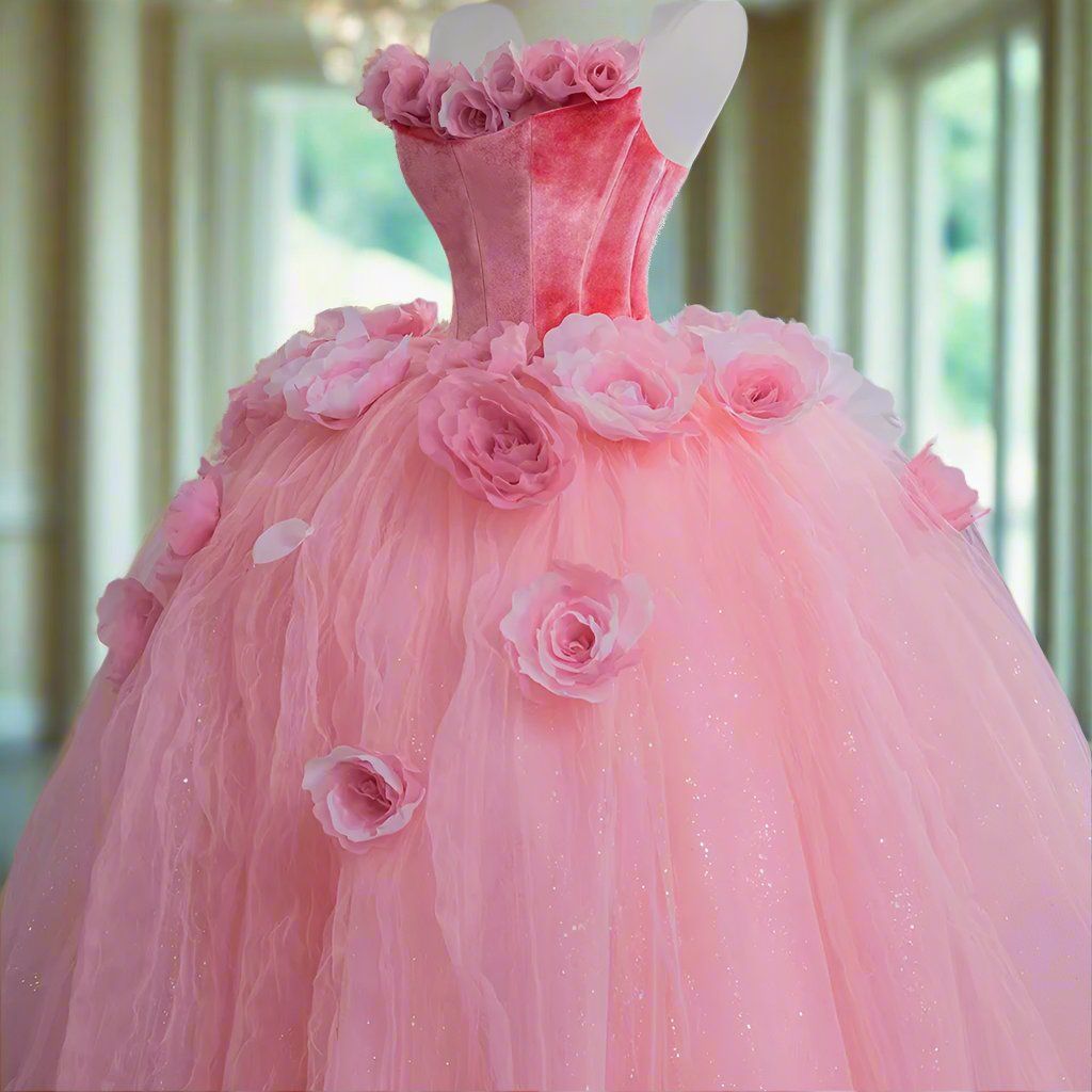 Robe de soirée longue en velours et tulle à fleurs roses, robe de bal, gh4885