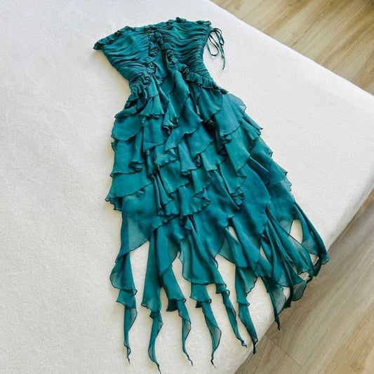 Robe de soirée courte élégante en mousseline de soie à volants verts, robe de fête d'anniversaire gh4774