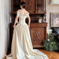 Light Cream Beige Vintage Off‑the‑Shoulder 3D Fabric Floral Short Sleeve Pointed Fitted Waist Full Flared Train Long Prom Gown, Wedding Dress gh8617