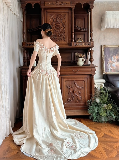 Light Cream Beige Vintage Off‑the‑Shoulder 3D Fabric Floral Short Sleeve Pointed Fitted Waist Full Flared Train Long Prom Gown, Wedding Dress gh8617