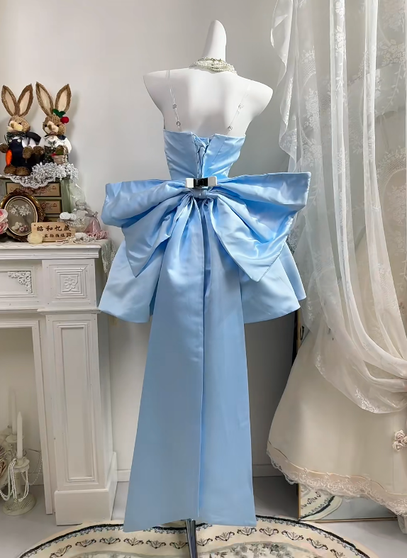 Light Blue Satin Strapless Short Princess Gown, Big Back Bow A-Line Homecoming Dress gh9286
