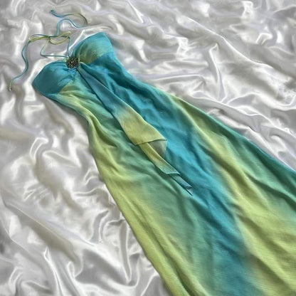 Robe de soirée élégante en mousseline de soie rose magnifique, sans bretelles, dégradée, longue, gh3179