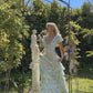 Blaues florales V-Ausschnitt sexy elegantes langes Ballkleid mit Rüschen Abendkleid Gartenpartykleid gh3045