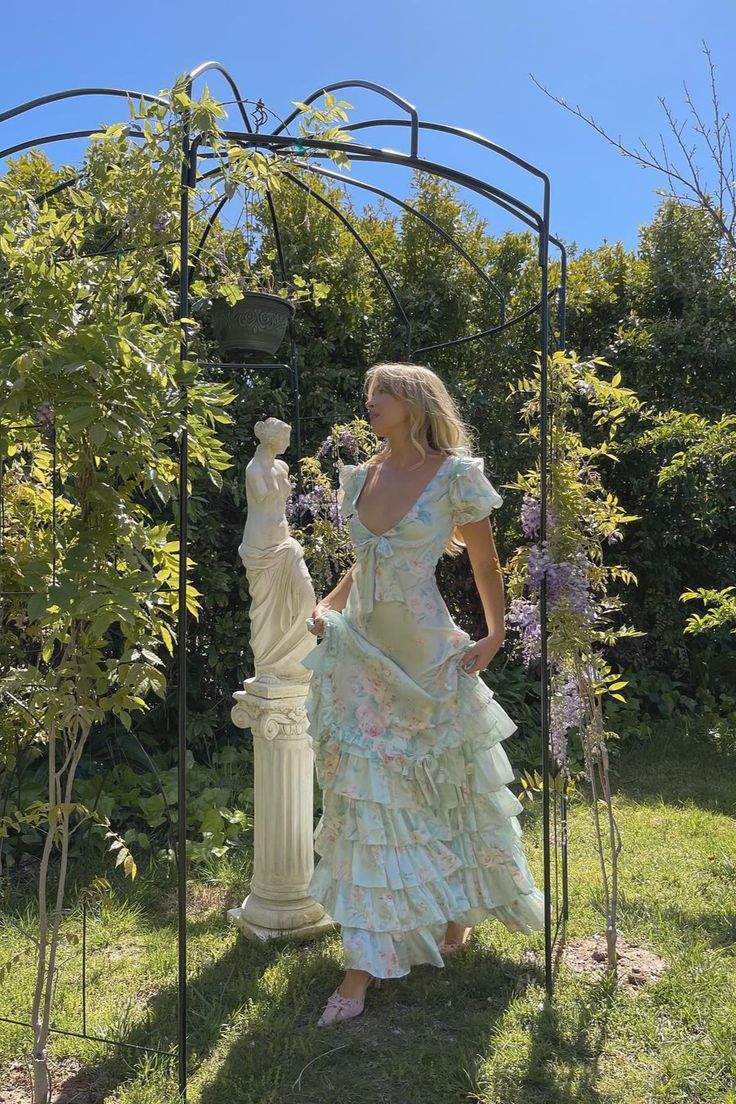 Blaues florales V-Ausschnitt sexy elegantes langes Ballkleid mit Rüschen Abendkleid Gartenpartykleid gh3045