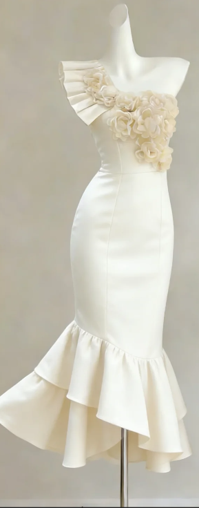 One Shoulder Ivory Satin Evening Gown Handmade 3D Floral Ruffled Midi Mermaid Formal Dress gh9464