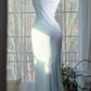 Light Blue Square Neck Spaghetti Strap Scattered Beaded Double Layer Ruffle Mermaid Evening Dress, Prom Gown gh9524