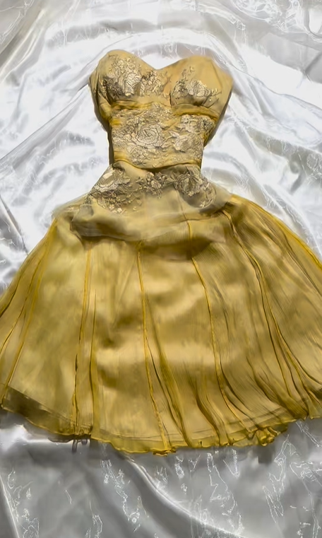 Vintage Short Prom & Evening Party Dress, Yellow Strapless Design, Fitted Waist, Full Flared Skirt gh8583