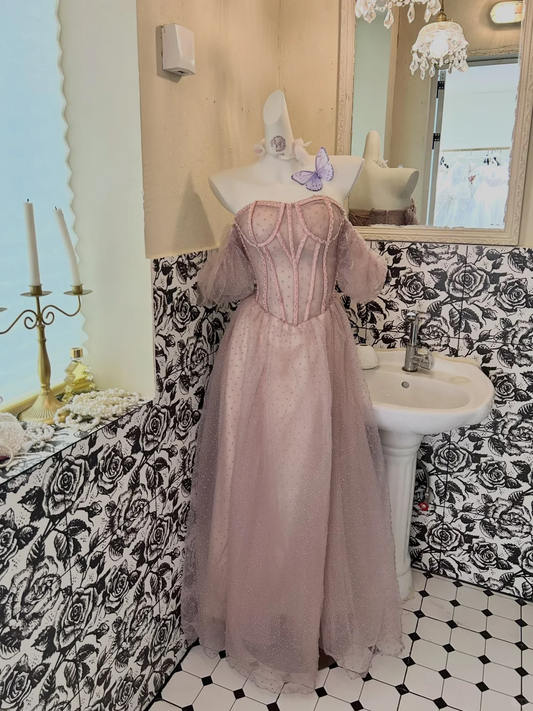 Light Pink Soft Off-the-Shoulder Waist-Cinched Boned Slimming Romantic Dress, Wedding Gown gh7753