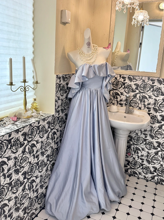 Light Blue Ruffled Strapless Waist-Cinched Full Flared Skirt Romantic Dress, Wedding Gown gh7641