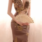 Taupe Vintage Midi Prom Dress Sleeveless V Neck Gold Floral Lace Beaded Slit Cocktail Gown gh9599