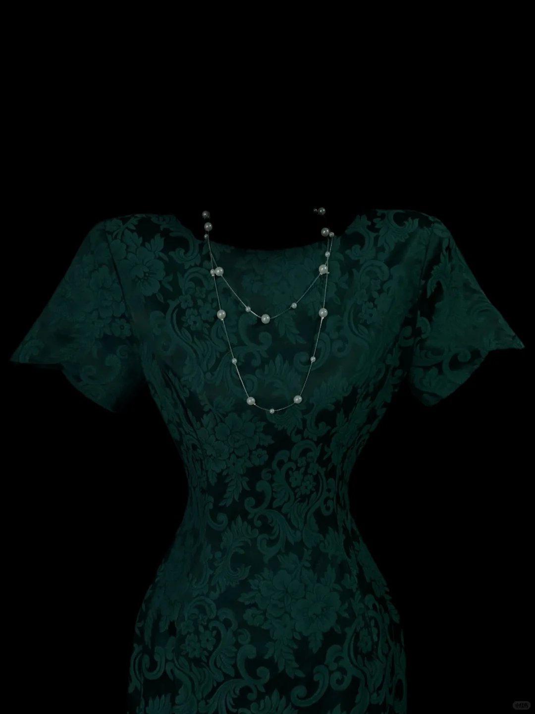 Dark Green Vintage Jacquard Maxi Gown, Square Neck, Cap Short Sleeves, All‑Over Floral Scroll Jacquard Fabric, Fitted Waist Sheath Maxi Silhouette, Retro Noble Evening Prom Photoshoot Dress gh8865