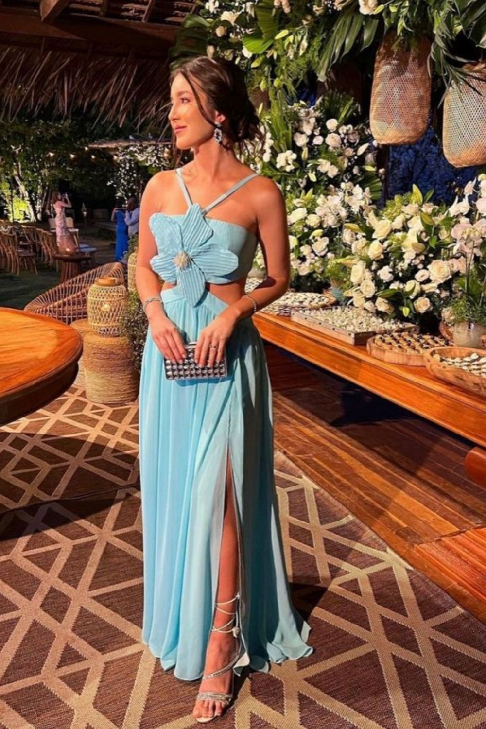 Blau hosenträger taille chiffon mode einzigartiges design lange abendkleid partykleid gh3109