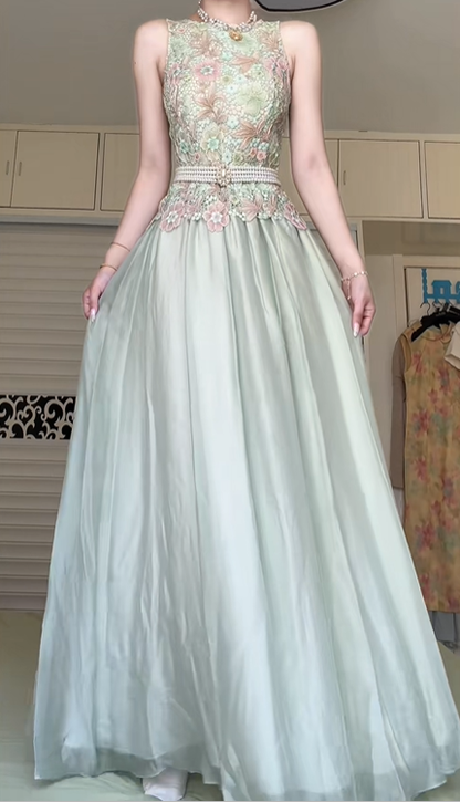 Sage Green Sleeveless Long Evening Gown, Round Neck 3D Floral Embroidery Beaded Bodice Pearl Rhinestone Waistband A‑Line Tulle Prom Dress gh8971