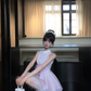 Women Elegant Light Pink Satin Homecoming Dress Halter Neck Big Side Bow Layered Tulle Flare Short Prom Gown gh9447