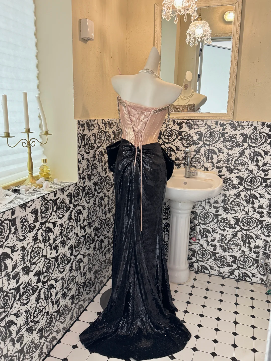 Pink Strapless Gusset Boned with Black Slimming Skirt Luxury Romantic Dress, Wedding Gown gh7640
