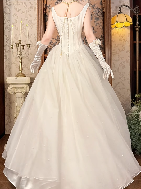 Off‑White Rose Spaghetti Strap Fitted Waist Figure‑Flattering Elegant Full Flared Skirt Vintage Prom Gown, Wedding Dress gh8601