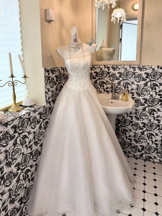 White Strapless Waist-Cinched A-Line Long Luxury Romantic Dress, Wedding Gown gh7500