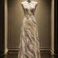 ✨Girlhomeshops-Ink Wash Marble Print Sleeveless 3D Floral Qipao Cheongsam Evening Gown gh10398