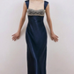 ✨Girlhomeshops-Navy Blue Wide Strap Sweetheart Rhinestone Beaded Satin Formal Prom Gown gh10266