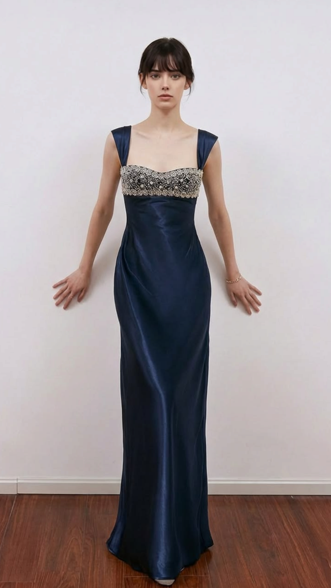 ✨Girlhomeshops-Navy Blue Wide Strap Sweetheart Rhinestone Beaded Satin Formal Prom Gown gh10266