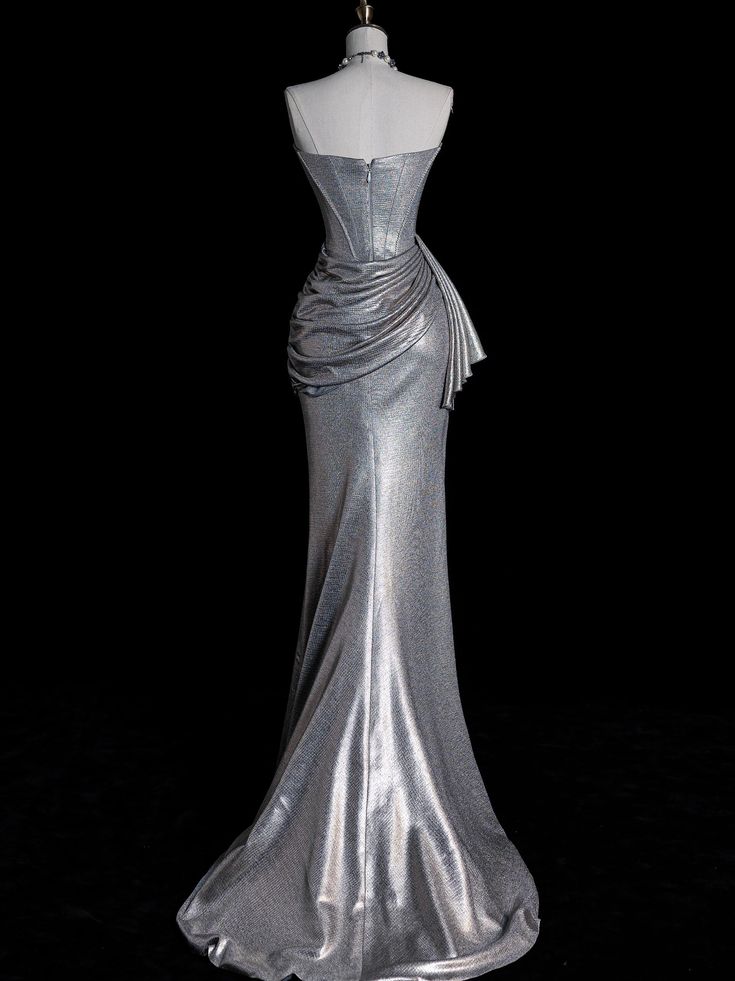 Silbernes, wunderschönes, schimmerndes, schmal geschnittenes, langes Satin-Ballkleid, Abendkleid, Partykleid, gh4967
