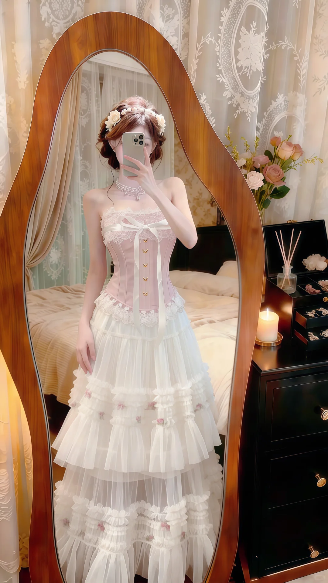 Pink‑White 2‑Piece Evening Gown, Strapless Lace Corset Top Tiered Ruffle Floral Tulle Skirt Prom Dress gh9140