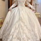 Ivory Vintage Satin Wedding Gown, Sheer Lace High Neck Over Sweetheart Neck, Puff Long Sleeves, Heavy Lace Appliqué Pointed Waist, A‑Line Long Train With Scalloped Lace Hem, Prom Dress gh8643