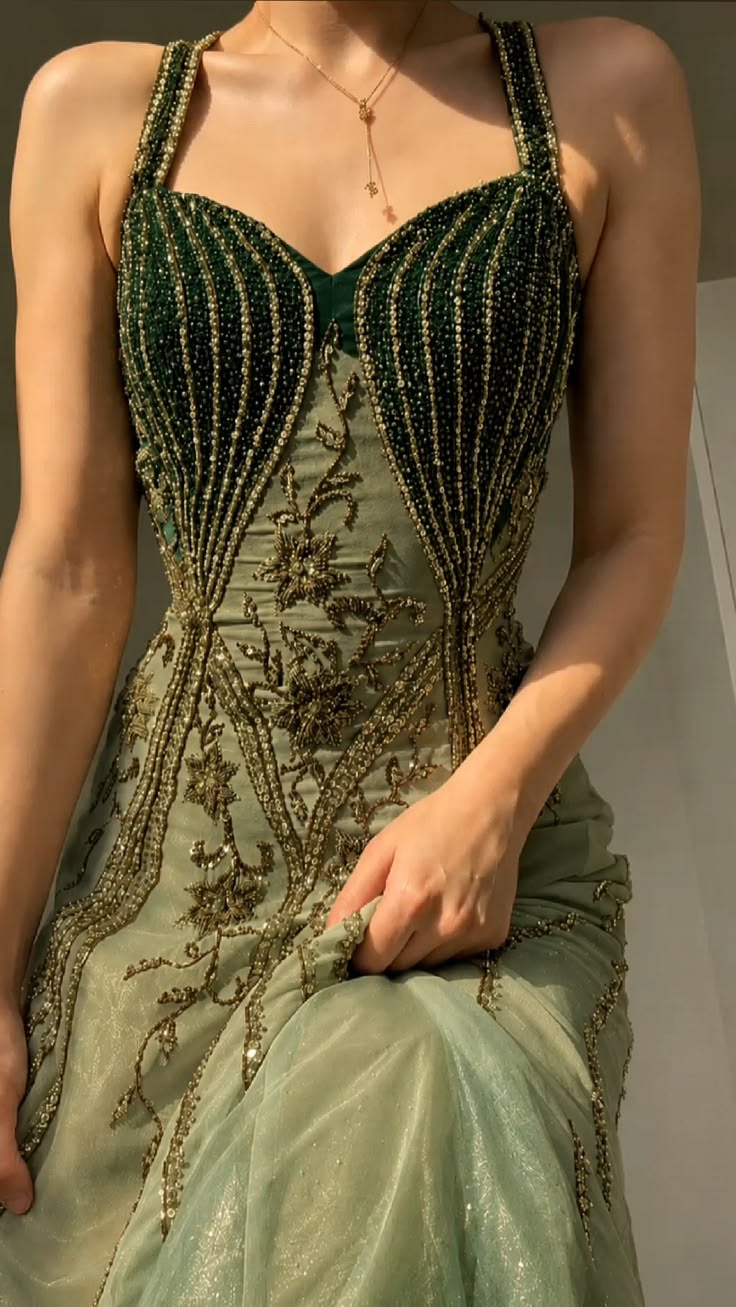 ✨Girlhomeshops-Sweetheart Dark Green Ombre Gold Beaded Glitter Tulle Long Prom Gown gh10234