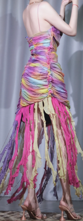 ✨Girlhomeshops-Rainbow Ombre Party Dress Spaghetti Strap Sweetheart Ruched Colorful Fringe Chiffon Evening Gown gh10068