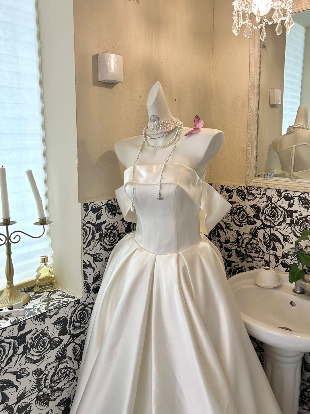 Ivory Satin Strapless Waist-Cinched Full Flared Skirt Romantic Dress, Wedding Gown gh7645