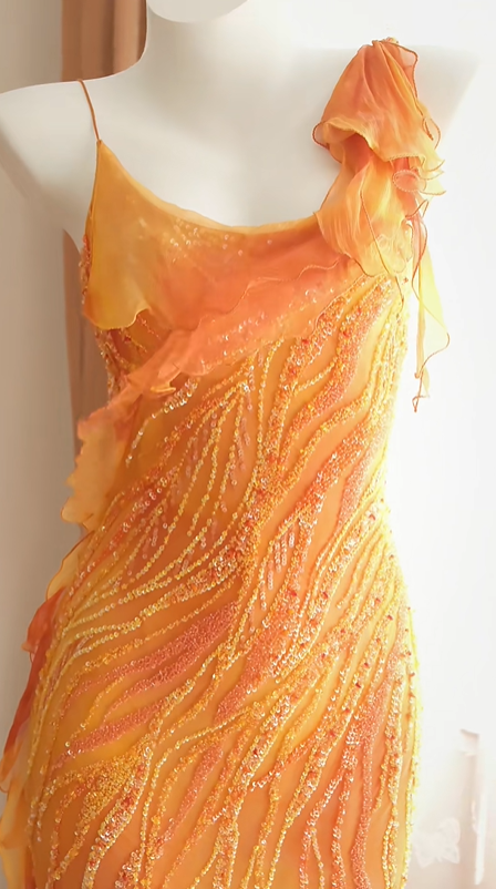 Women Orange Ombre Long Formal Dress Spaghetti Straps Cowl Neck Hand-Beaded Flowy Ruffle Chiffon Mermaid Evening Gown gh9579