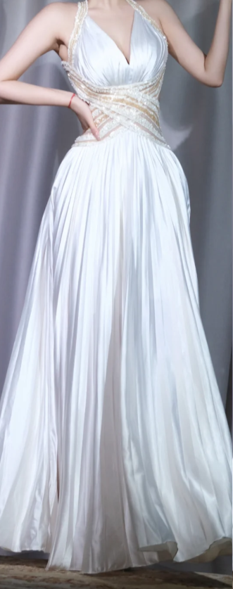 ✨Girlhomeshops-Halter Deep V Satin Prom Dress, White Pleated A-Line Beaded Evening Gown gh9947