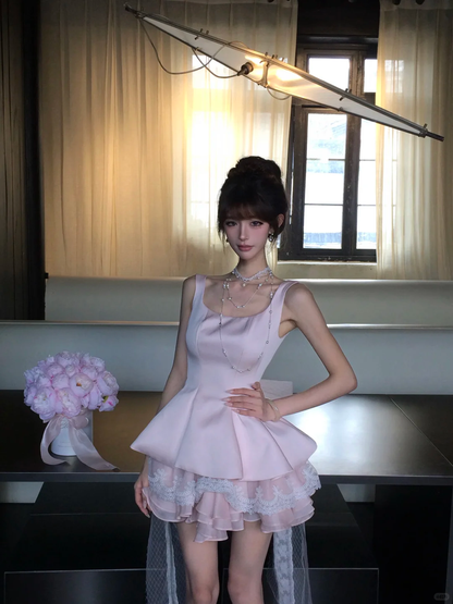 Pink Square Neck Satin Homecoming Dress Lace Mini Prom Gown With Detachable Train gh9409