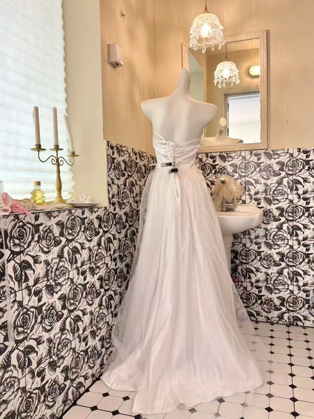White Satin Strapless High Waist Figure-Flattering Long Romantic Dress, Wedding Gown gh7778