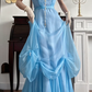 Sky‑Blue Vintage Chiffon Prom Gown, Square Neck Cap Puff Short Sleeves, Matching Thin Sash Waistband, Flowy Full‑Length Skirt With Gathered Knot Skirt Details, Floor‑Length Evening Prom Dress gh8794