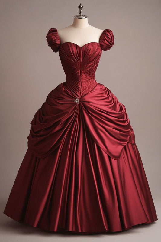 Robe de soirée longue de princesse élégante à col en cœur et à manches longues bordeaux gh3193