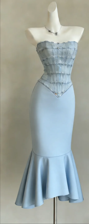 Strapless Light Blue Corset Bodice Evening Gown Beaded Tulle Top Mermaid Midi Formal Dress gh9467