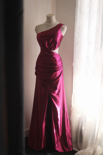 Fuchsia One‑Shoulder Satin Evening Gown, Waist Cutout Ruched High‑Slit Formal Prom Dress gh9125