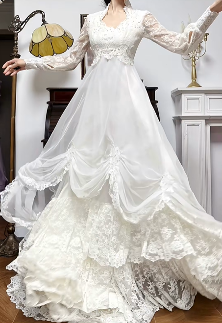 Ivory Vintage Tulle Lace Wedding Gown, V‑Neck With Frilled Stand Collar, Lace Lantern Long Sleeves, Lace Appliqués Empire Waist, Draped Ruched Skirt, Inner Lace Full Skirt With Long Train, Bridal Prom Dress gh8763
