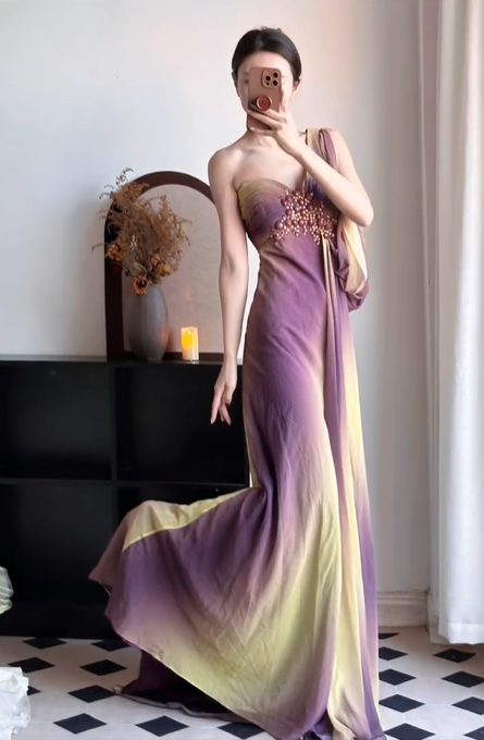 Purple‑Yellow‑Ombre‑Greek‑Gown One‑Shoulder‑V‑Neck Hand‑Beaded‑Bodice Flowy‑Chiffon Detachable‑Long‑Sash Draped‑Floor‑Length Retro‑Goddess‑Evening‑Dress gh8846