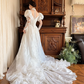 White Vintage Victorian Detachable High Neck Bubble Short Sleeve V Off‑the‑Shoulder Lace Long Sleeve Fitted Waist Tulle Lace Applique Train Long Prom Gown, Wedding Dress gh8619
