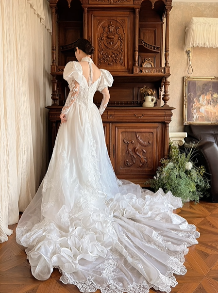 White Vintage Victorian Detachable High Neck Bubble Short Sleeve V Off‑the‑Shoulder Lace Long Sleeve Fitted Waist Tulle Lace Applique Train Long Prom Gown, Wedding Dress gh8619