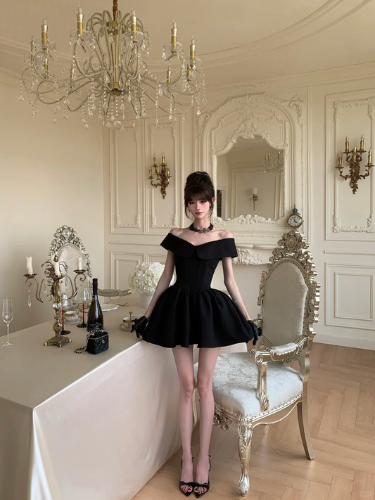 Women Vintage Black Off Shoulder Homecoming Dress Corset Boned Bodice A-Line Puffy Short Party Dress gh9423
