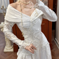 White Vintage Pleated Satin A‑Line Wedding Prom Dress, Off‑the‑Shoulder Folded V‑Neck, Twisted Pleated Long Sleeves, Baroque Lace Appliqués gh8714
