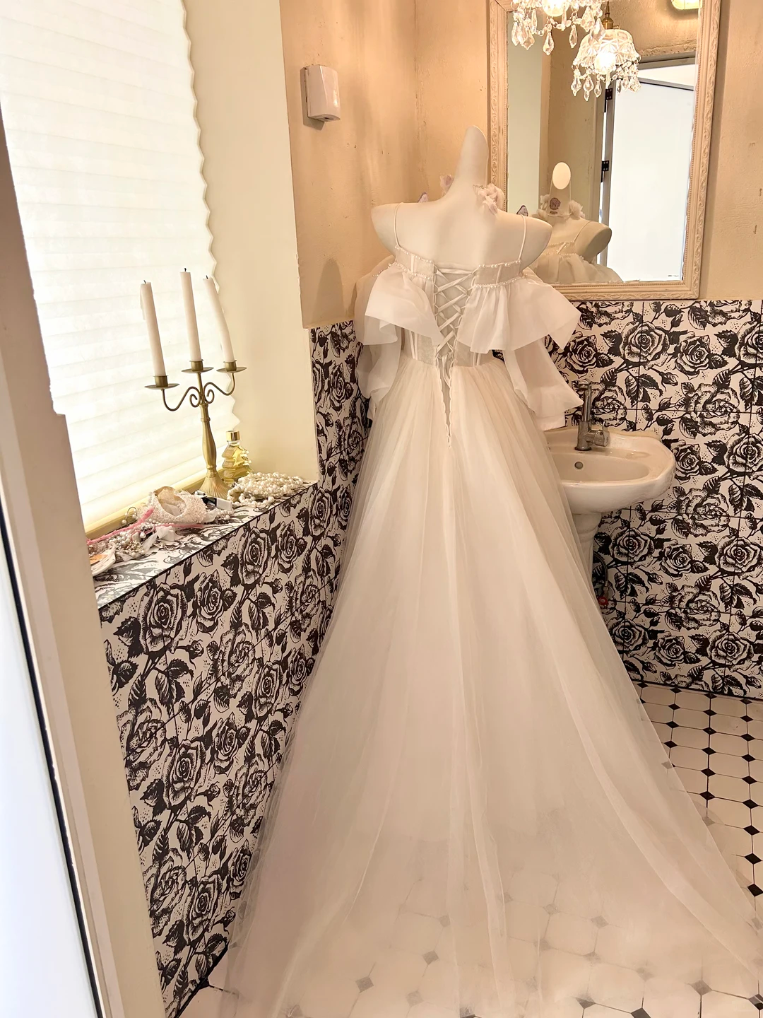 Ivory Spaghetti Straps Ruffled Neckline Waist-Cinched Full Flared Skirt Long Romantic Dress, Wedding Gown gh7757