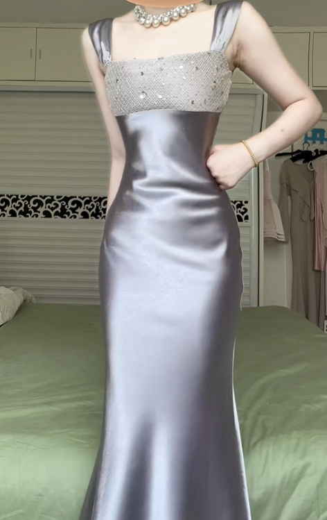 Silver‑Grey Square Neck Wide Strap Mermaid Evening Gown, Sequin Beaded Bodice Satin Formal Prom Dress gh9023