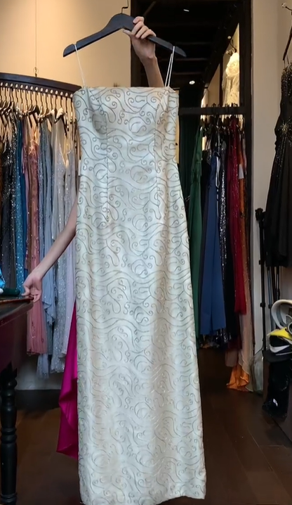 Strapless Ivory Sheath Evening Dress Allover Hand Beaded Swirl Embroidery Formal Gown gh9800