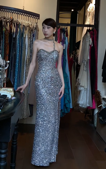 Silver Strapless Sweetheart Mermaid Evening Gown All Over Sparkle Sequin High Slit Long Prom Dress gh9714