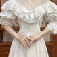 Ivory Vintage Victorian Wedding Gown, Lace High Neck Off‑the‑Shoulder Ruffle Puff Mid‑Sleeves, Lace Fitted Waist, Multi‑Tiered Ruffled Lace Hem Long Train, Bridal Prom Dress gh8719